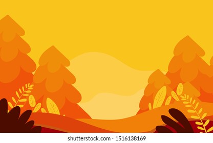 Vector illustration in flat linear style - autumn background - landscape illustration exploring autumn forest - greeting card design template 