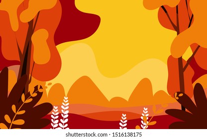 Vector illustration in flat linear style - autumn background - landscape illustration exploring autumn forest - greeting card design template 