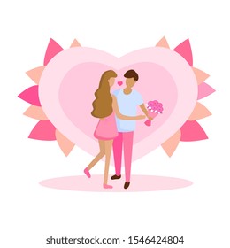 Vector illustration in flat linear style - greeting card - illustration with couple in love - engagement and gift bouquet. romance concept. Isolated vector on white