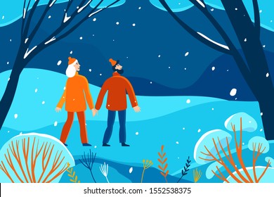 Vector illustration in flat linear style - winter illustration - landscape with happy man and woman walking together - new year greeting card