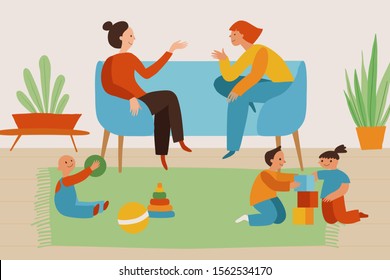 Vector illustration in flat linear style - two women and three kids in cozy simple interior playing and chatting together