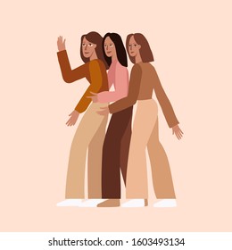 Vector illustration in flat linear style - women teamwork characters - girl power concept and women empowerment - happy female friends