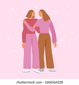 Vector illustration in flat linear style - women teamwork characters - girl power concept and women empowerment - happy female friends