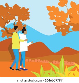 Vector illustration in flat linear style - autumn background - landscape illustration with two characters exploring autumn forest - greeting card design template