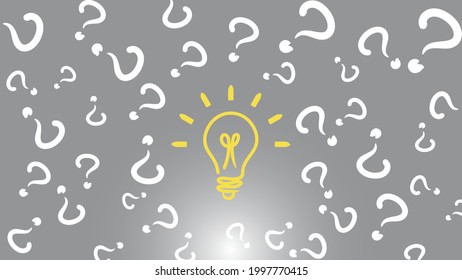 Vector illustration. Flat linear style. Problem solving concept. Idea bulb between question marks on gray background.