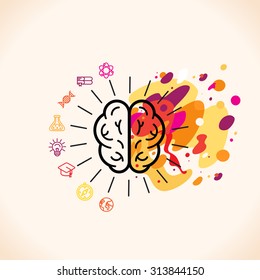 Vector Illustration In Flat Linear Style - Left And Right Brain Hemispheres - Analytical And Creative Thinking