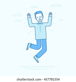 Vector illustration in flat linear style and blue colors - happy jumping businessman - smiling man - victory concept 