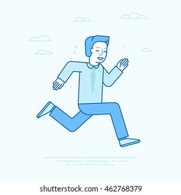 Vector illustration in flat linear style and blue colors - business competition concept - running and smiling guy 