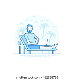 Vector illustration in flat linear style and blue colors - remote work concept - digital nomad - man working at his laptop sitting on the beach - outsource and freelance job 