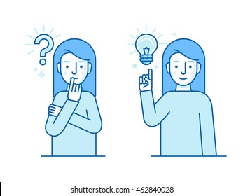 Vector illustration in flat linear style and blue colors - problem solving concept - woman thinking with question mark and light bulb icons - creative idea