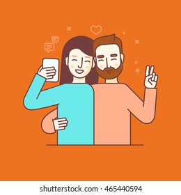 Vector illustration in flat linear style and blue colors - man and woman making selfie using mobile phone or recording video or chatting with friends online - internet or video blog concept 