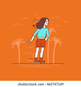 Vector illustration in flat linear style - girl  roller skating on the beach with palm trees - summer concept