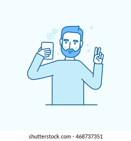 Vector illustration in flat linear style and blue colors - man making selfie using his mobile phone or recording video or chatting with his friends online - internet or video blog concept 