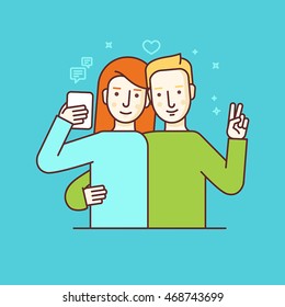 Vector illustration in flat linear style and blue colors - girl and boy making selfie using mobile phone or recording video or chatting with followers and subscribers online 