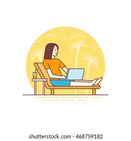 Vector illustration in flat linear style and blue colors - remote work concept - digital nomad - woman working at his laptop sitting on the beach - outsource and freelance job 