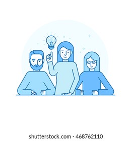 Vector illustration in flat linear style and blue colors - creative team concept - man and woman solving problems and brainstorming