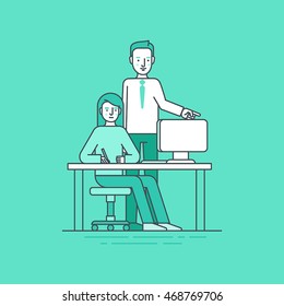 Vector illustration in flat linear style and blue - client and graphic designer - woman sitting at the computer and boss pointing at the screen - creative team concept