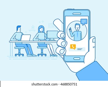 Vector illustration in flat linear style and blue colors - remote work concepts - online conference with outsource creative team of people sitting in coworking space with mobile phone call