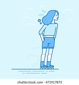 Vector illustration in flat linear style and blue colors - happy girl roller skating 