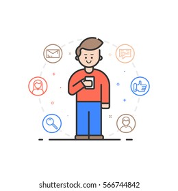 Vector illustration in flat linear style. Boy holding mobile phone with smile on his face - receiving comments, notifications and appreciations from his customers and followers - outline stock vector.