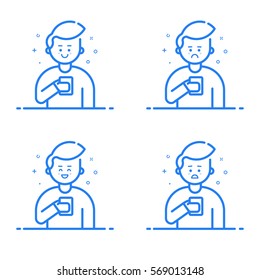 Vector illustration in flat linear style. Boy holding mobile phone with different expressions on his face. Smartphone addict receiving notifications and messages - outline stock vector