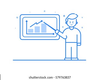Ilustración vectorial en estilo lineal plano y colores azules - conferencia de negocios y seminario de formación de equipo - ponente masculino y la pantalla de proyección con información y estadísticas de ventas. Objeto Outline.