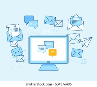 Vector illustration in flat linear style and blue colors - email marketing concept - computer with mailing app on the screen