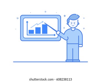 Vector illustration in flat linear style and blue colors - business conference and team training seminar - male speaker and projection screen with information and statistics. Outline filled object.