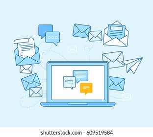 Vector illustration in flat linear style and blue colors - email marketing concept - laptop with mailing app on the screen