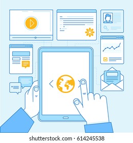 Vector illustration in flat linear style - content management concept - hands with tablet pc and different types of content - video, images, messages icons 