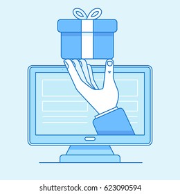 Vector illustration in flat linear style and blue colors - hand giving present for online shop customer - online store concept and fast and free delivery