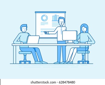 Vector illustration in flat linear style and blue colors - business conference and seminar - training for coworkers in the office - man and woman at computers and public speaking teacher