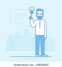 Vector illustration in flat linear style and blue colors - creative idea concept - business man standing in front of city landscape with light bulb
