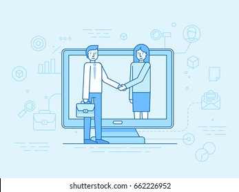 Vector illustration in flat linear style and blue - outsource business and remote work concept - male and female partners shaking hands - online cooperation