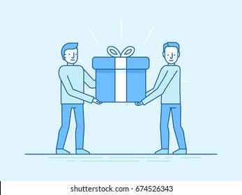 Vector illustration in flat linear style and blue colors - two men holding big gift box - present for online shop customer 