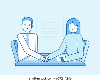 Vector illustration in flat linear style and blue colors - business partnership and cooperation - partners shaking hands at the office desk