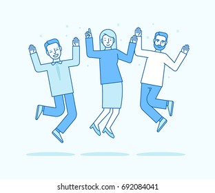 Vector illustration in flat linear style and blue colors - happy jumping team - smiling men and woman - victory, teamwork  and cooperation concept 