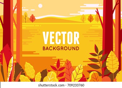 Vector illustration in flat linear style - autumn background - landscape illustration with plants, trees and copy space for text - for autumn banners 