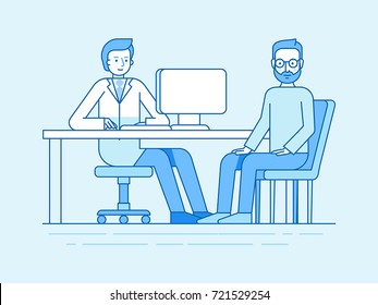 Vector illustration in flat linear style and blue color - health care concept - man visiting doctor