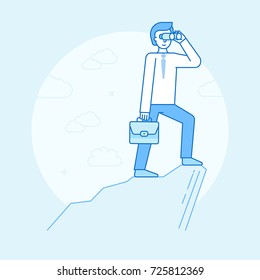 Vector illustration in flat linear style and blue color - business man looking through binoculars for future trends and business perspective and development - infographics design element and concept