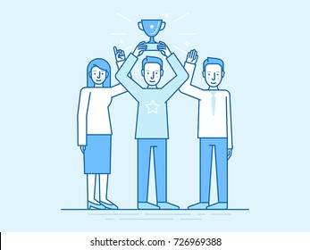 Vector illustration in flat linear style and blue color - successful team concept - leader holding trophy cup and partners standing with hands up - winning business competition