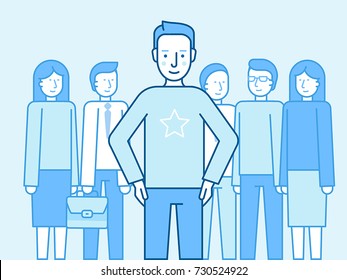 Vector illustration in flat linear style and blue color - successful team concept - leader and and partners standing  - winning business competition