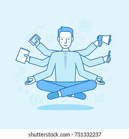 Ilustração vetorial em estilo linear plano e cor azul - homem de negócios sentado e meditando em pose de lótus com seis mãos - conceito multitarefa - trabalho freelance e gestão de tempo eficaz