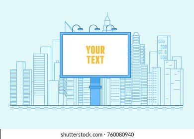 Vector illustration in flat linear style and blue colors - city illustration with buildings and billboard with copy space for text