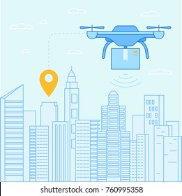 Vector illustration in flat linear style and blue colors - drone quadcopter  flying over city landscape with box -  new technology ad delivery concept 