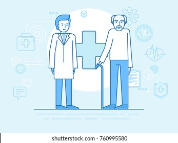 Vector illustration in flat linear style and blue colors - standing elderly man and doctor -  healthcare and retirement concept 