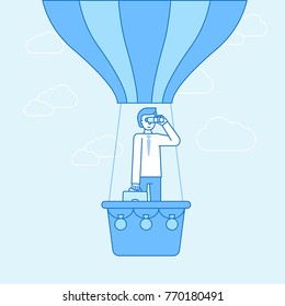 Vector illustration in flat linear style and blue color  - idea concept - business man flying ahead and looking for new trends and perspectives