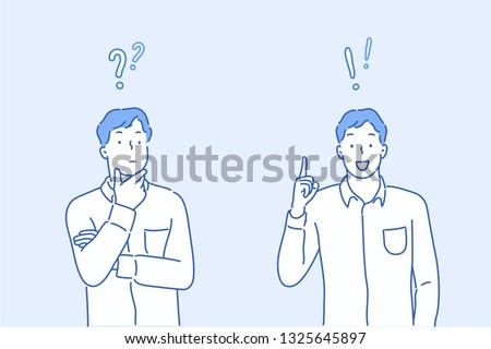 Vector illustration in flat linear style and blue colors - problem solving concept - man thinking - with question mark and light bulb icons-creative idea. Hand drawn style vector design illustrations.