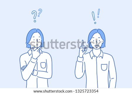 Vector illustration in flat linear style and blue colors-problem solving concept - woman thinking - with question mark and light bulb icons-creative idea. Hand drawn style vector design illustrations.