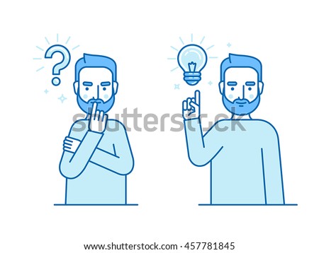 Vector illustration in flat linear style and blue colors - problem solving concept - man thinking - with question mark and light bulb icons - creative idea